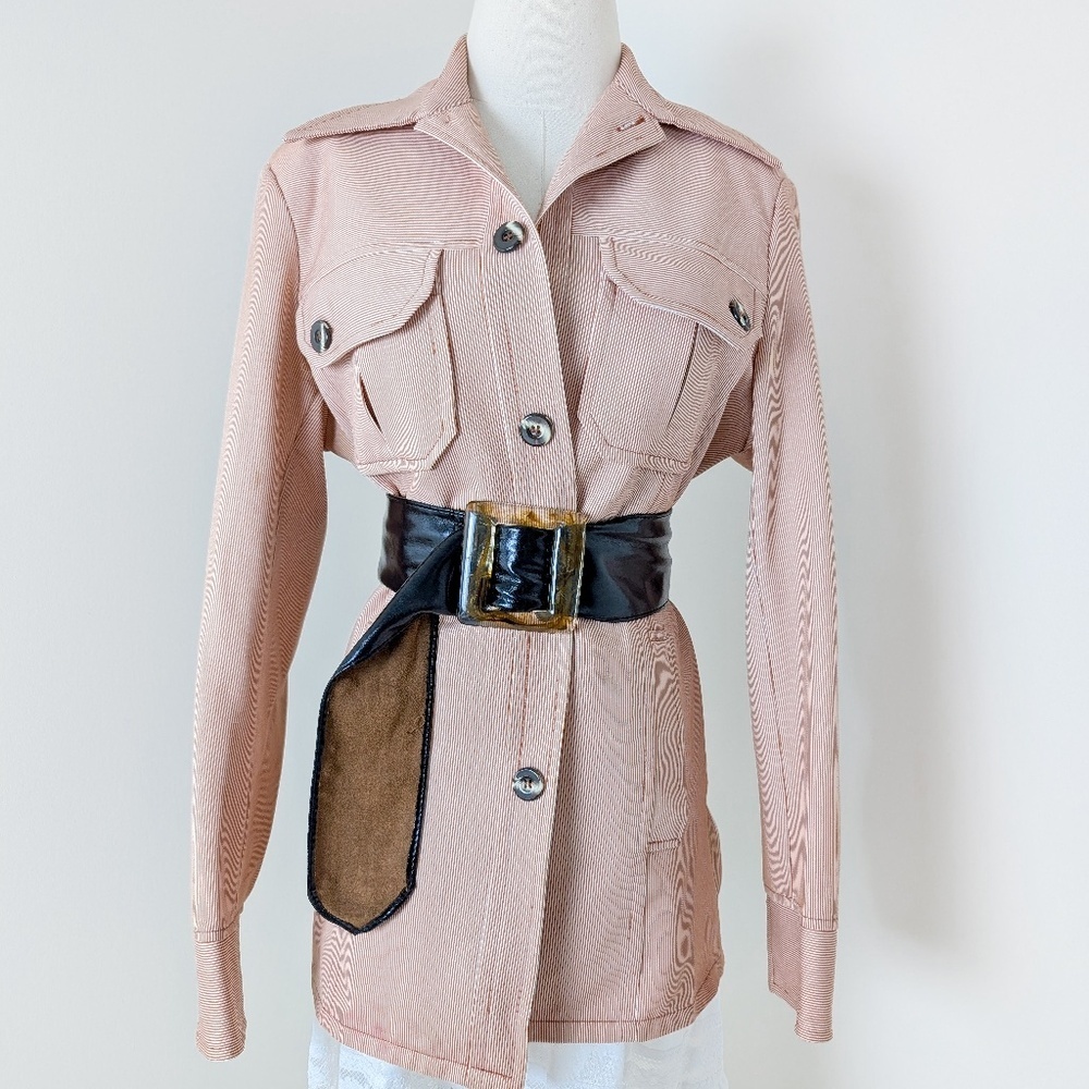 70's Pinstripe Blazer Size Medium Overcoat Pastel Dagger Collar Vintage Office - Picture 8 of 14